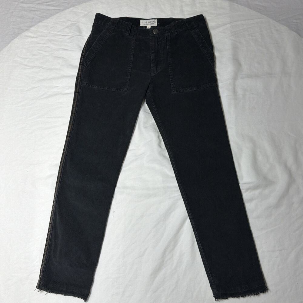 NILI LOTAN Black Corduroy Raw Hem Slim Fit Crop Pants With Side Stripe - Size 0